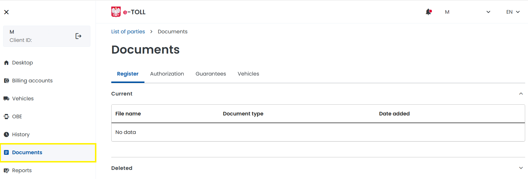 Ansicht des Bereichs „Dokumente“ im Online-Kundenkonto. Oben ist die Navigation „Liste der Unternehmen > Dokumente“ zu sehen. Im Hauptbereich des Bildschirms befindet sich eine Tabelle mit den Spaltenüberschriften „Dateiname“, „Dokumenttyp“ und „Hinzufügungsdatum“. Auf der linken Seite befindet sich das Navigationsmenü.